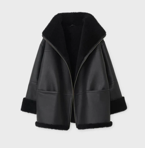 Women’s Oversized Black Sheepskin Bomber Jacket – Luxe Winter Style