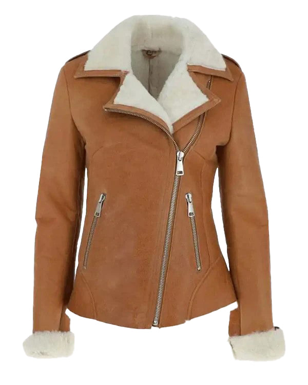 Women’s Tan Brown Fur Shearling Jacket – Warm & Stylish by Bravo Bros