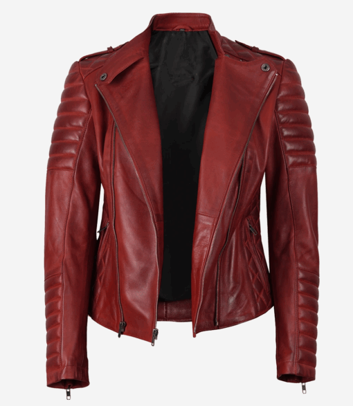 Women’s Red Asymmetrical Padded Leather Biker Jacket