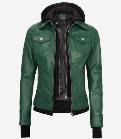 Women’s Green Leather Bomber Jacket