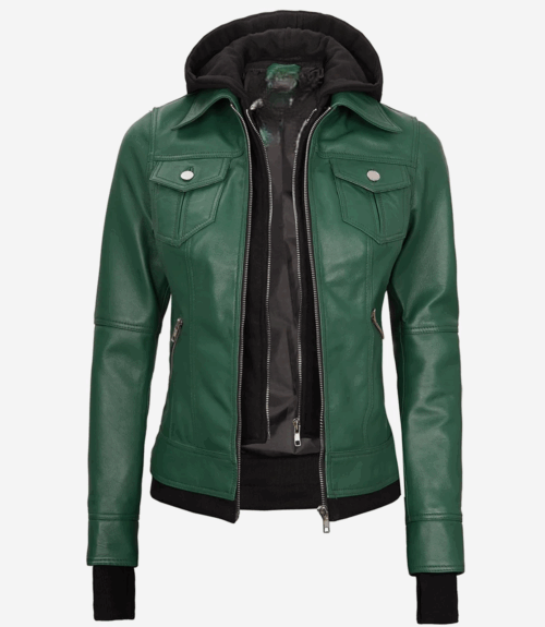 Women’s Green Leather Bomber Jacket