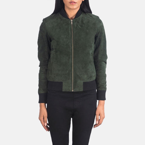 Bliss Green Suede Leather Bomber Jacket – Timeless Soft Luxury