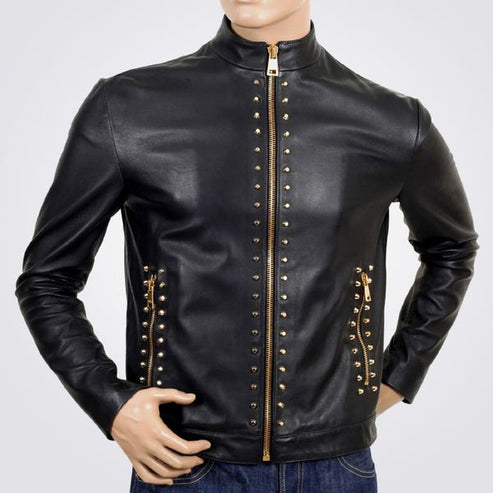 Men’s Black Studded Cowhide Leather Biker Jacket – Bold Rider Style