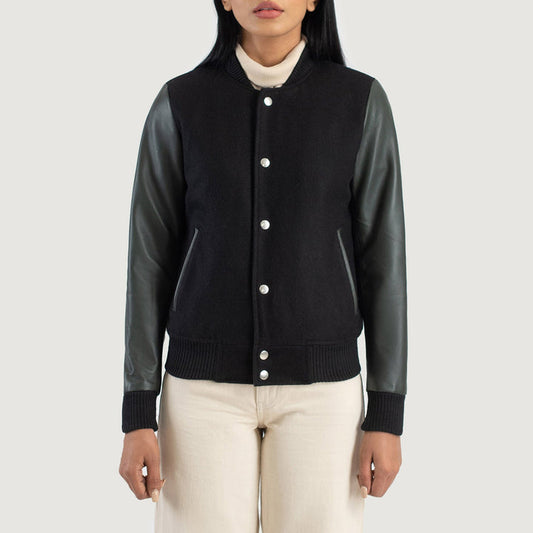 Women’s Savant Green & Black Hybrid Varsity Jacket – Sporty Street Style