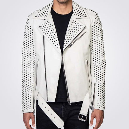 Men’s White Studded Leather Biker Jacket – Silver Belt Style