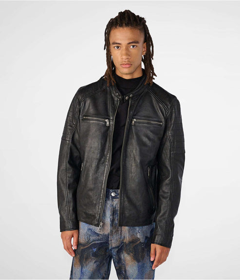 Bravo Bros Men’s Black Leather Cafe Racer Biker Jacket