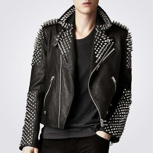 Men’s Punk Studded Leather Jacket – Silver Spike Rebel Style
