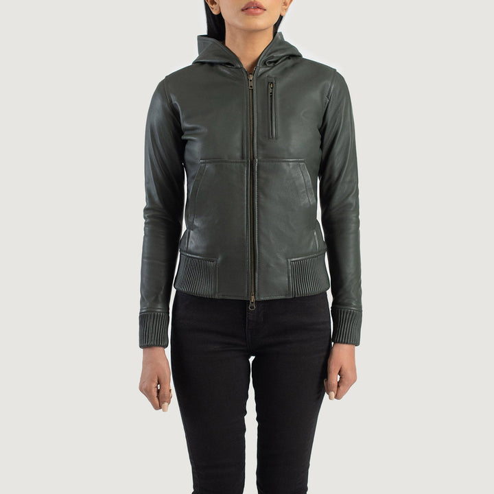 Women’s Luna Green Hooded Leather Bomber Jacket – Urban Winter Style