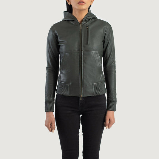 Women’s Luna Green Hooded Leather Bomber Jacket – Urban Winter Style
