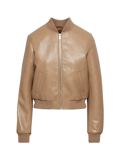 Women’s Camel Faux Leather Bomber Jacket