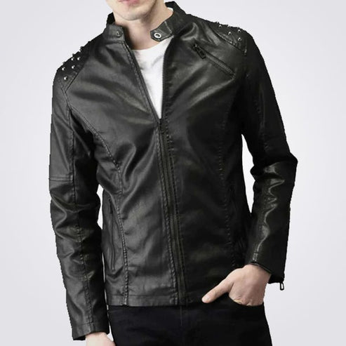 Men’s Studded Biker Leather Jacket – Tab Collar Rider Style