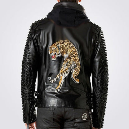 Men’s Studded Hooded Leather Biker Jacket – Lion Back Statement Style