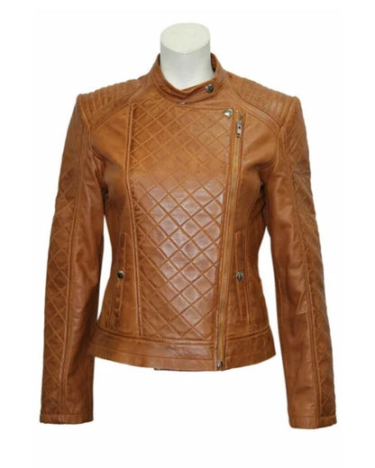 Women’s Slim Fit Brown Quilted Leather Jacket – Elegant & Stylish