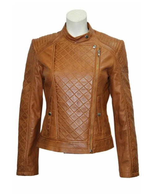 Women’s Slim Fit Brown Quilted Leather Jacket – Elegant & Stylish