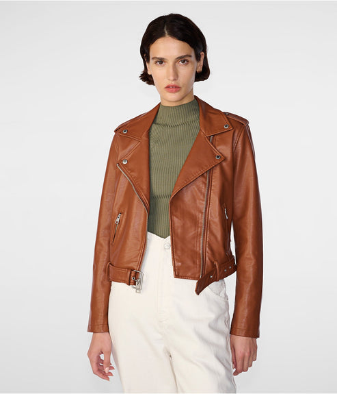 Women’s Brown Leather Biker Jacket – Classic Moto Style