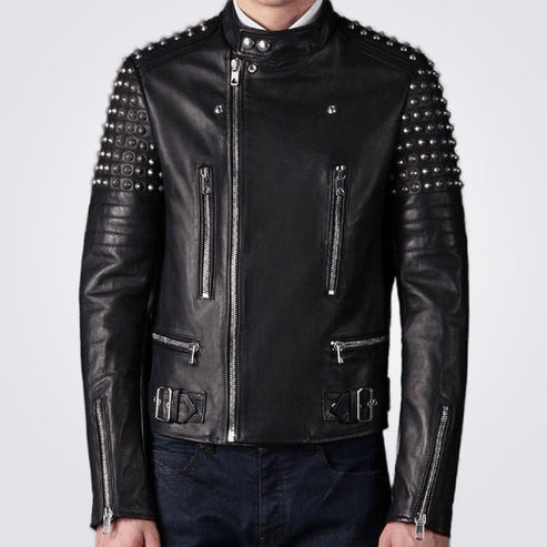Men’s Black Studded Leather Biker Jacket – Punk Rock Rebel Style