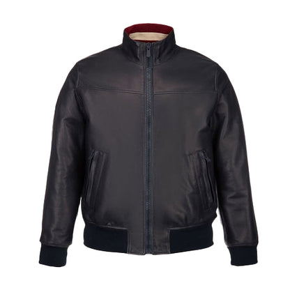 Men’s Shiny Black Leather Bomber Jacket