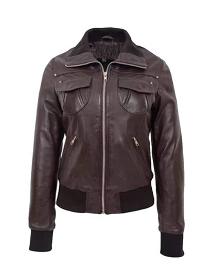 Women’s Brown Leather Bomber Jacket – Classic Comfort & Style