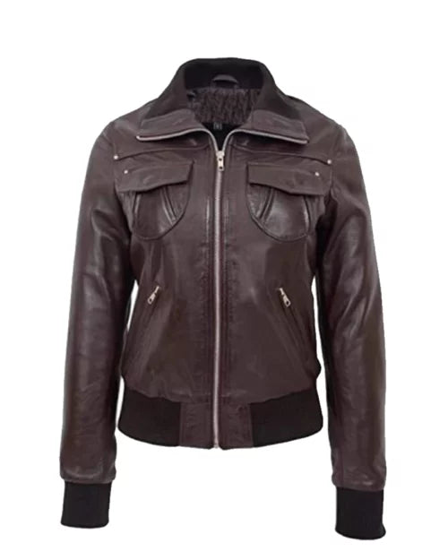 Women’s Brown Leather Bomber Jacket – Classic Comfort & Style