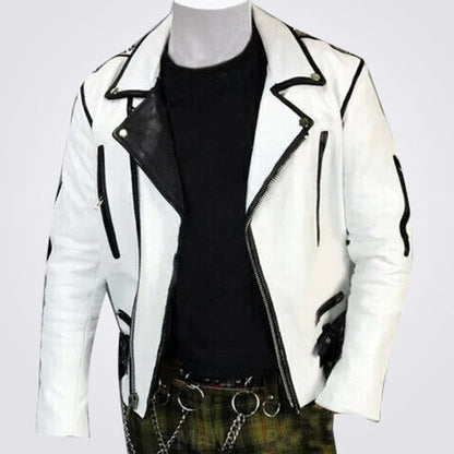 Men’s White & Black Studded Brando Biker Jacket – Silver Stud Icon
