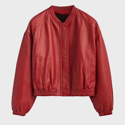 Women’s Red Leather Bomber Jacket – Bold Urban Luxury Style