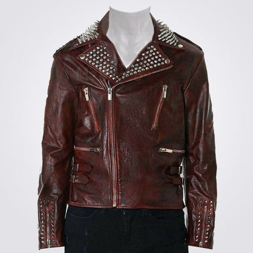 Men’s Red Studded Punk Leather Jacket – Spiked Rebel Style