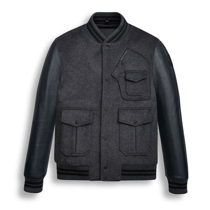 Men’s Black Wool & Leather Varsity Bomber Jacket