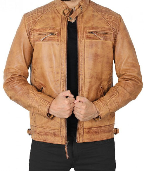 Bravo Bros Johnson Men’s Camel Quilted Leather Motorcycle Jacket