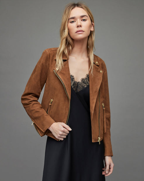Women’s Tan Brown Suede Leather Biker Jacket – Classic Moto Style