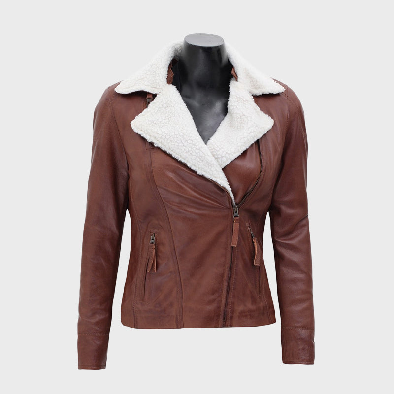 Gela Waxed Brown Leather Jacket with White Fur Collar – Premium Winter Luxury