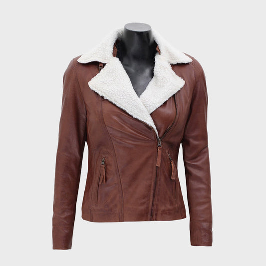 Gela Waxed Brown Leather Jacket with White Fur Collar – Premium Winter Luxury