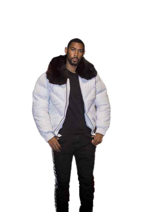 Men’s White V-Bomber Jacket – Black Fur Premium Style