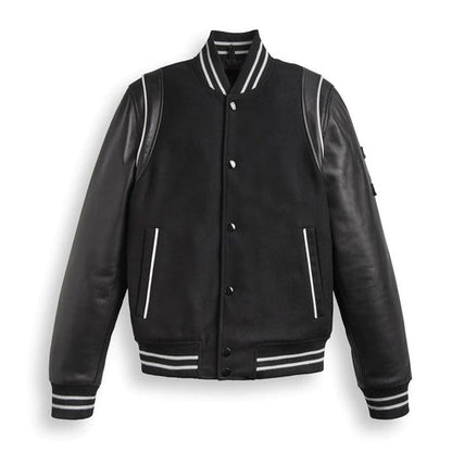 Men’s Black Varsity Bomber Leather Jacket with Striped Design