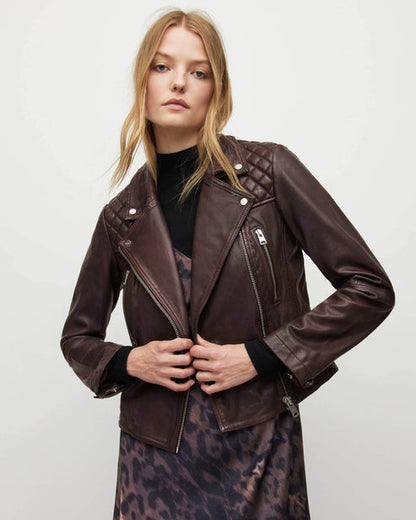 Women’s Mahogany Red Distressed Leather Biker Jacket – Bold Moto Style
