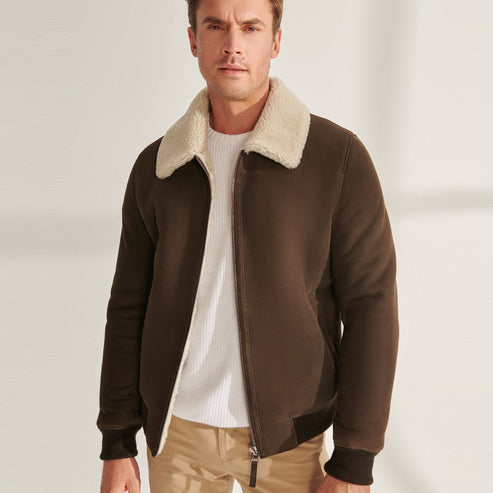Men’s Khaki Brown Sheepskin Shearling Bomber Jacket – Rugged Winter Style by Bravo Bros