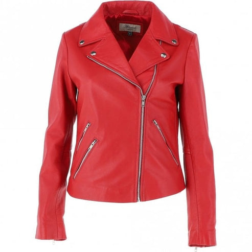 Bravo Bros Women’s Stylish Red Slim-Fit Leather Biker Jacket