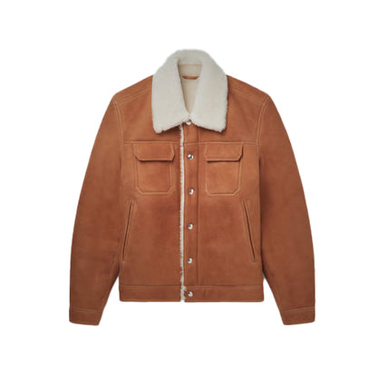 Men’s Brown Suede Leather Shearling Trucker Jacket