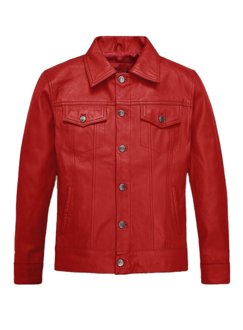 Men’s Red Lambskin Leather Trucker Jacket – Bold & Timeless Style