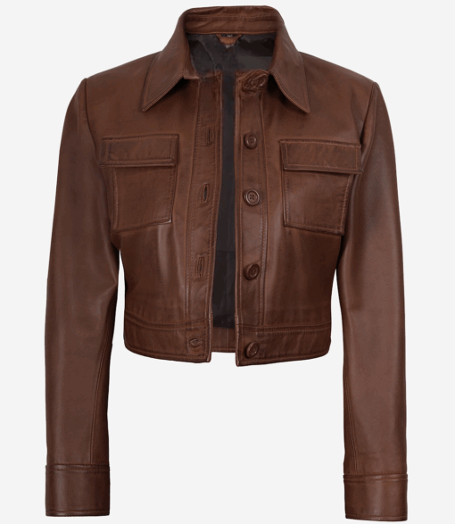Women’s Cropped Brown Leather Trucker Jacket
