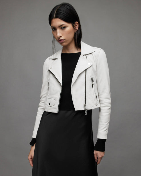 Women’s White Cropped Leather Biker Jacket – Modern Moto Chic