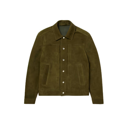 Men’s Olive Green Lambskin Leather Trucker Jacket – Modern & Premium Fit