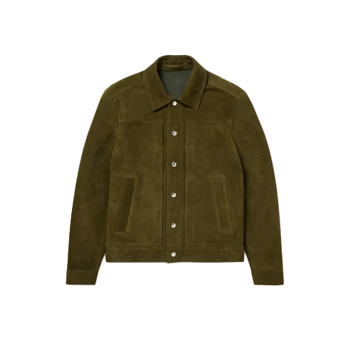 Men’s Olive Green Lambskin Leather Trucker Jacket – Modern & Premium Fit