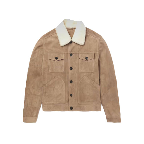 Men’s Brown Shearling-Lined Leather Trucker Jacket – Warm & Rugged