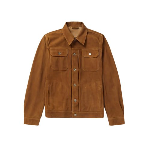 Men’s Brown Suede Sheepskin Trucker Jacket – Luxurious & Classic Style
