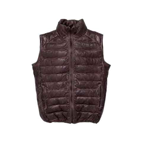 Men’s Dark Brown Bubble Leather Down Vest – Insulated Premium Style