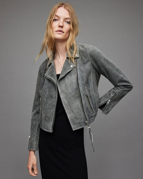 Women’s Gray Suede Leather Biker Jacket – Soft Moto Elegance