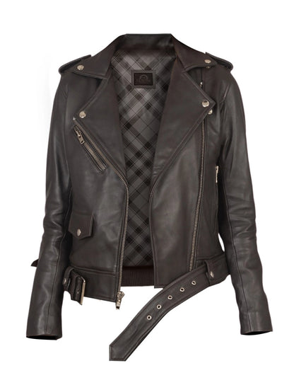 Women’s Alison Brown Leather Biker Jacket – Chic & Durable