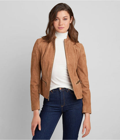 Women’s Tan Brown Suede Leather Biker Jacket – Timeless Moto Chic