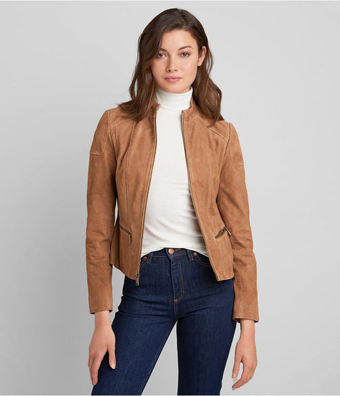 Women’s Tan Brown Suede Leather Biker Jacket – Timeless Moto Chic