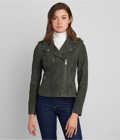 Women’s Olive Suede Leather Moto Jacket – Modern Moto Chic